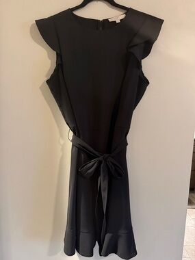 LOFT Black Midi Dress with Tie Waist and Ruffle Sleeves